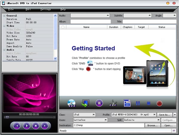 Convert DVD to iPad Video format MP4 and iPad audio MP3, AAC, M4A.