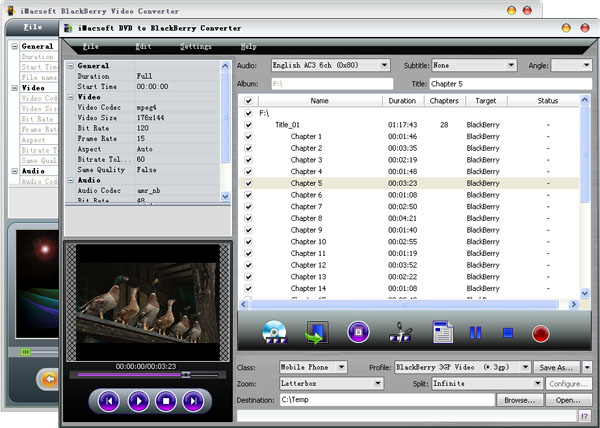 More screenshots of iMacsoft DVD to BlackBerry Suite.