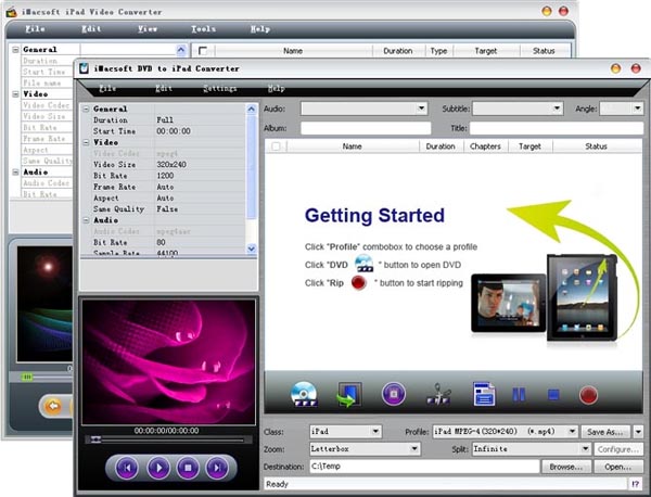 More screenshots of iMacsoft DVD to iPad Suite.